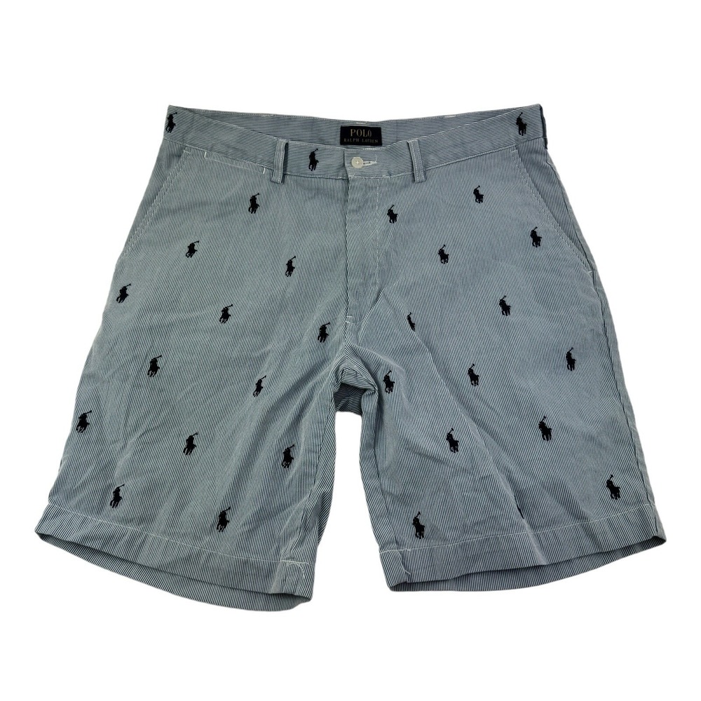 Polo Ralph Lauren Blue & White Stripe w/ Logo Embroidered AOP Shorts Size 34
